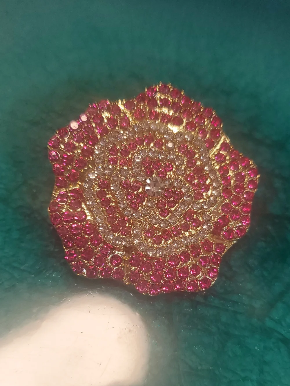 Gold-Tone Pink Crystal Rose Brooch D